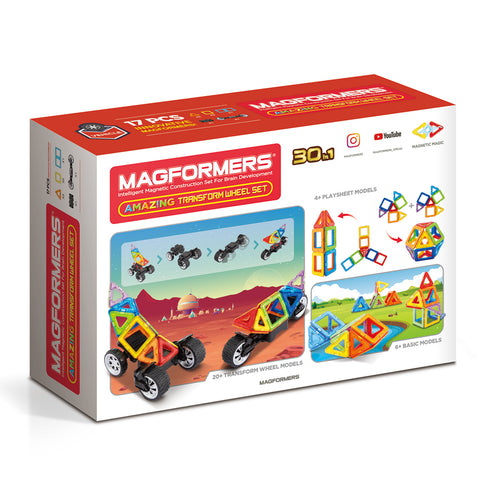 Joc magnetic de constructie Magformers Amazing Transform Wheels Set - Vehicule, 17 piese
