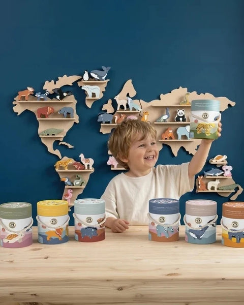 Raft din lemn Harta lumii cu 6 animale africane, Speedy Monkey