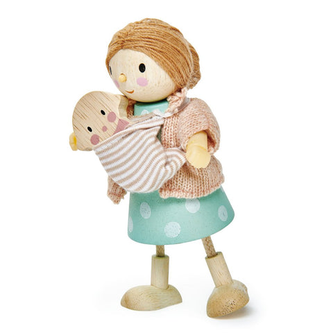 Figurina Doamna Goodwood cu bebelus in marsupiu, din lemn premium - cu membre ajustabile - Tender Leaf Toys