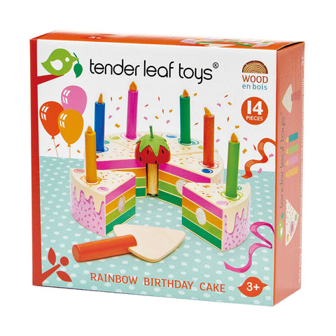 Tort pentru aniversari Curcubeu, din lemn premium- Rainbow Birthday Cake - 14 piese - Tender Leaf Toys