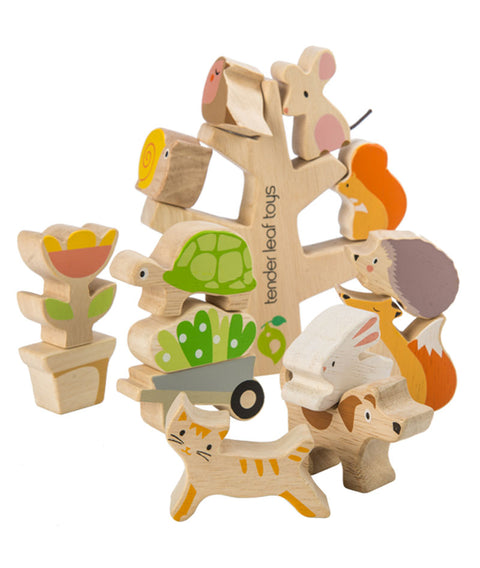 Animalute in copac, din lemn premium - Stacking Garden Friends - 16 piese - Tender Leaf Toys