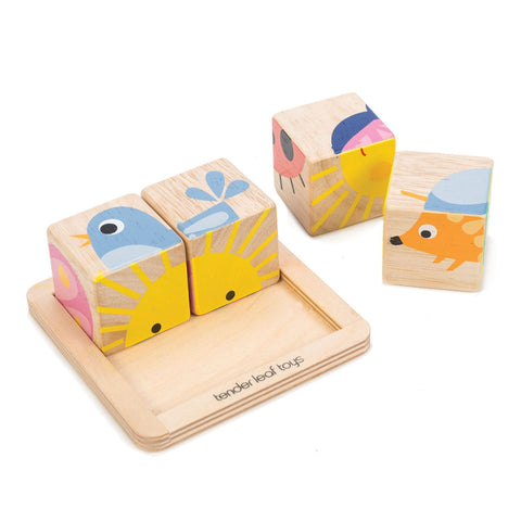 Puzzle educativ Cuburi ilustrate, din lemn premium -Baby Blocks - 5 piese - Tender Leaf Toys