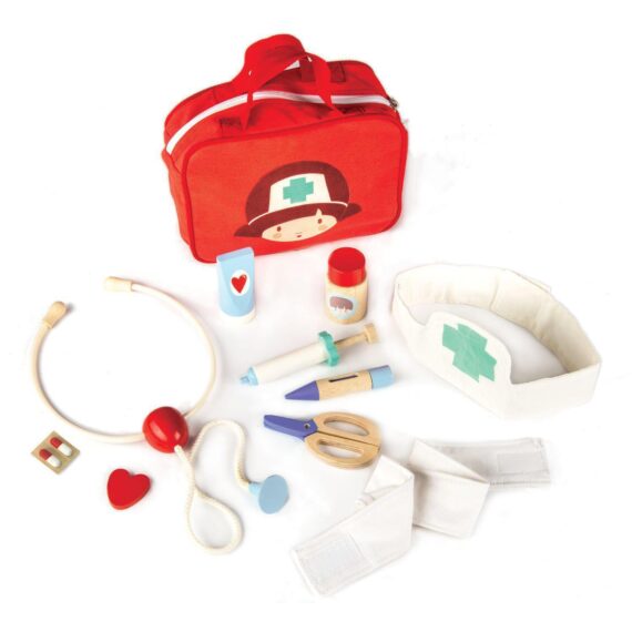Geanta medicala rosie - 12 instrumente medicale , din lemn premium - Tender Leaf Toys - Jucarii Vorbarete